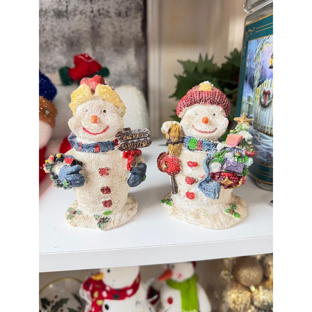 Set of 2 Glittery Snowman Figurines Christmas Holiday Decor Resin Statues
